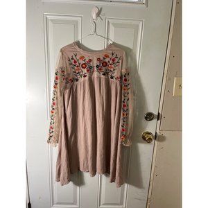 Oddy woman’s beige lined long sleeved embroidered dress size small.